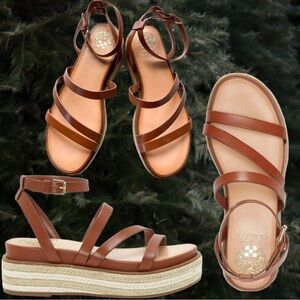Vince Camuto Brown Leather Aevie Platform Espadrille Sandal Heel Lace Up Buckle